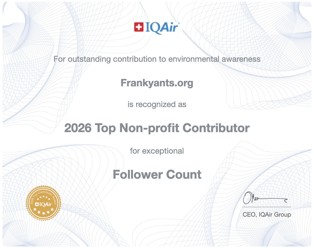 IQAir certificate recognizing Frankyants.org as a 2026 Top Non-profit Contributor